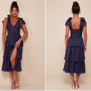 LULU's Prom Wedding Boho Swiss Dot Bustier Chic Navy Midi Dress NWOT